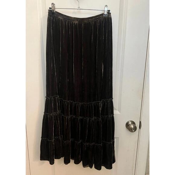 Chico's Silk Blend Whimsigoth Sevilla Skirt Maxi tiered Brown velvet Size 2 Boho - Picture 4 of 4